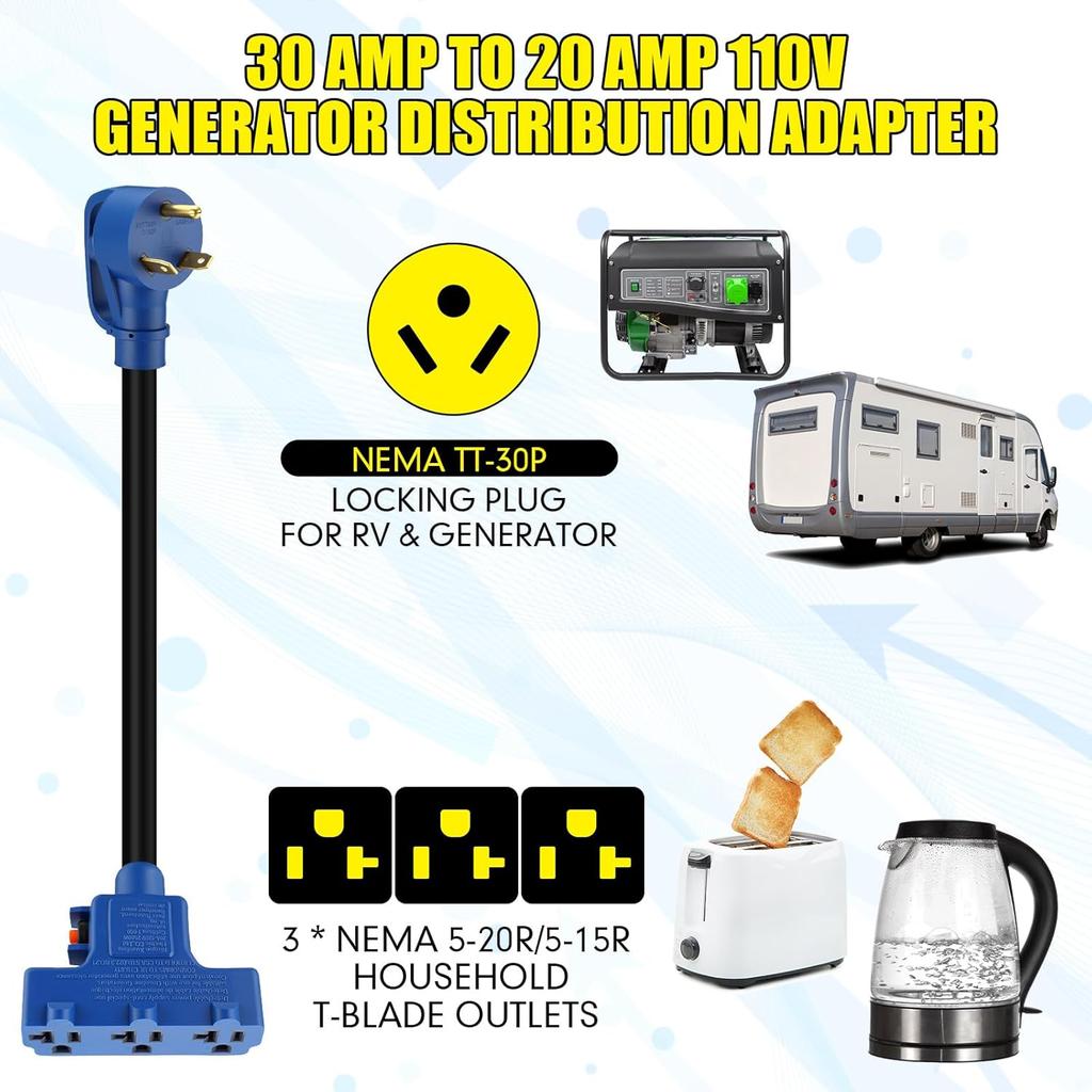 Kanayu Overload Protector 30 Amp to 110V RV Generator Distribution Adapter Cord Compatible with NEMA TT-30P to 3X 5-15R/5-20R, 30A to 15/20A,