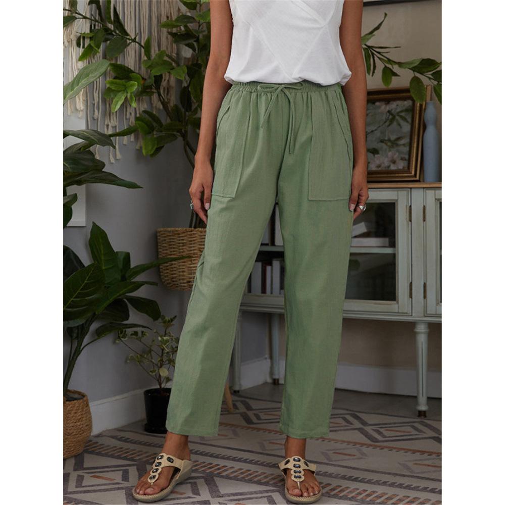 

Autumn Solid Color Big Pockets Elastic Waist Cotton and Linen Loose Ladies Casual Pants Women XXXXXL зелений