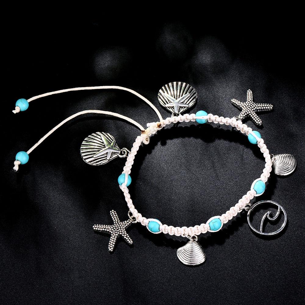 2024 Bohemian Starfish Shell Anklets Set for Women Vintage Handmade Wave Anklet Bracelet Jewelry