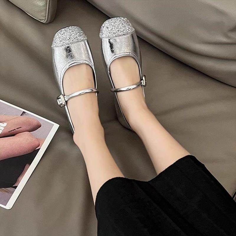 New spring and summer versatile one-word with flat-soled single shoes French silver evening breeze soft-soled shallow mouth Mary Jane shoes 2025 women