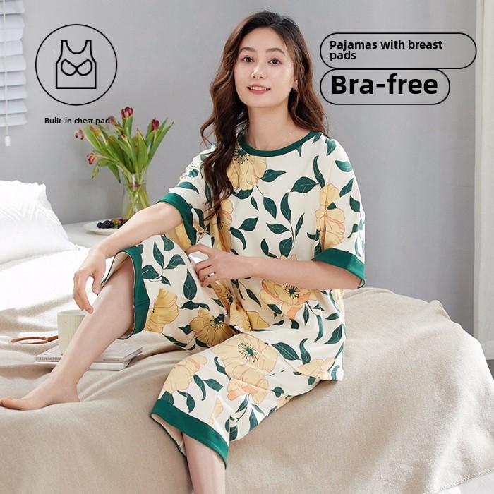 2025 Sommer Damen Pyjama Set mit Brustpolster Weich locker Kurzarm Oberteile und Caprihosen Zweiteilige Nachtwäsche Lingerie Homewear
