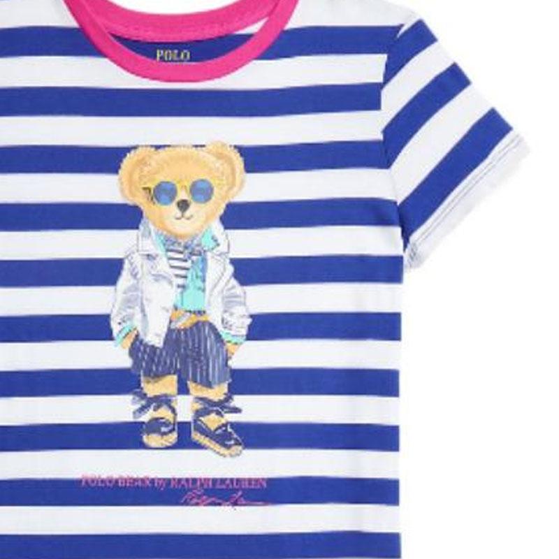 Polo Ralph Lauren Dress Kids Striped Cartoon Anime Pattern Round Neck Short Sleeve Short Kids Dress Blue White 313926019-001