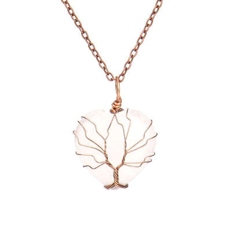 Ancient Red Copper Hand-Wound Peach Heart Natural Stone Heart-Shaped Powder Crystal Tree Of Life Necklace N519