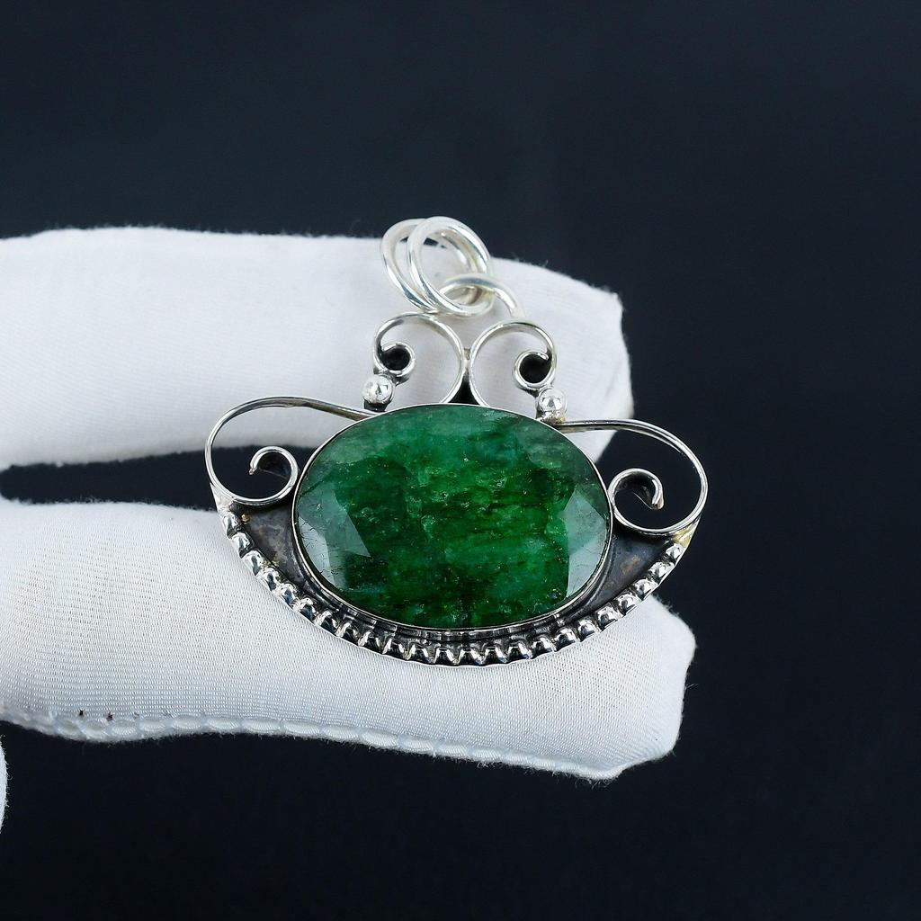 Dainty Emerald Gemstone Silver Pendant In 925 Sterling Silver - Handmade Design, Everyday Wear Jewelry Easter Gift