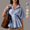 Summer New Women's Design Waist Shirt Casual Versatile Striped Pleated Slim Top