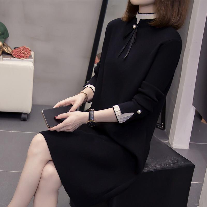Plus Size Women s High-Waisted Slimming Knit Dress – Autumn 2025 Long-Sleeved Fashion Style 2XL (suggested 65-75 kg) чёрный