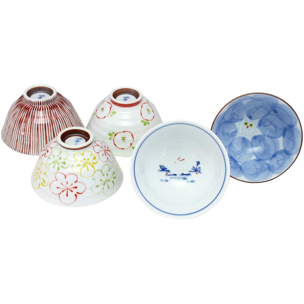 Hasami Fukumine Assorted Designs Rice Bowl 52549 Ware, Kiln, (small), 5-piece Set,