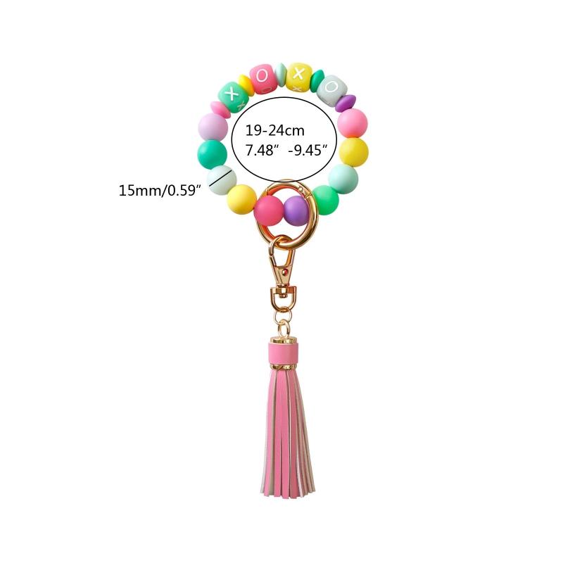 Wristlet Keychain Bracelet Bangle for Key Ring Chain Bracelet with Fluorescent Silicone Bead Leather Bead Keychain for W