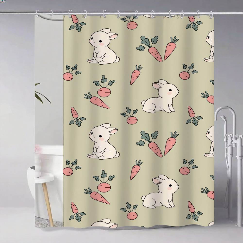 Cute Rabbit With Carrot Shower Curtain, Bathroom Decorative Shower Curtain, Waterproof Shower Curtain With Hooks