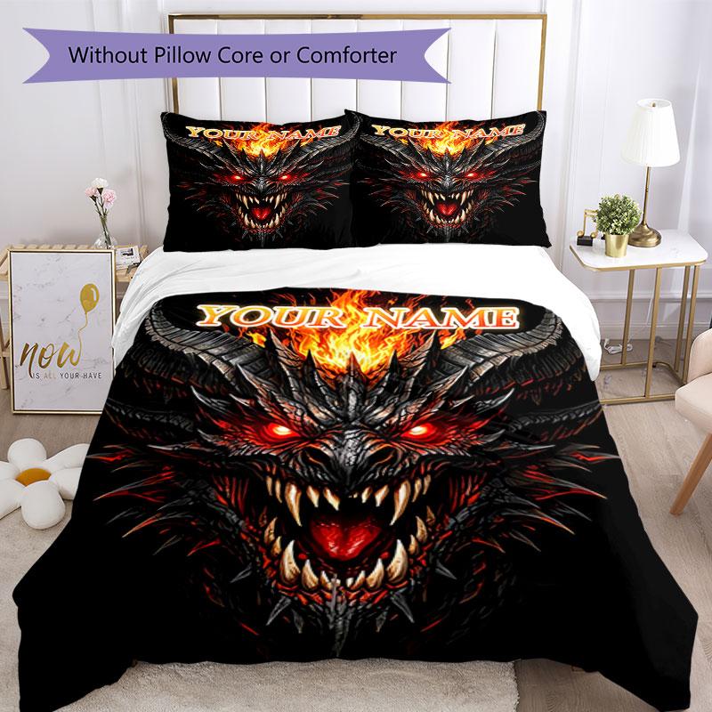 3PC Custom Name Fiery Demon Artwork Bedding Set Duvet Cover Closure Includes 1 Duvet Cover & 2 Pillowcases for Bedroom