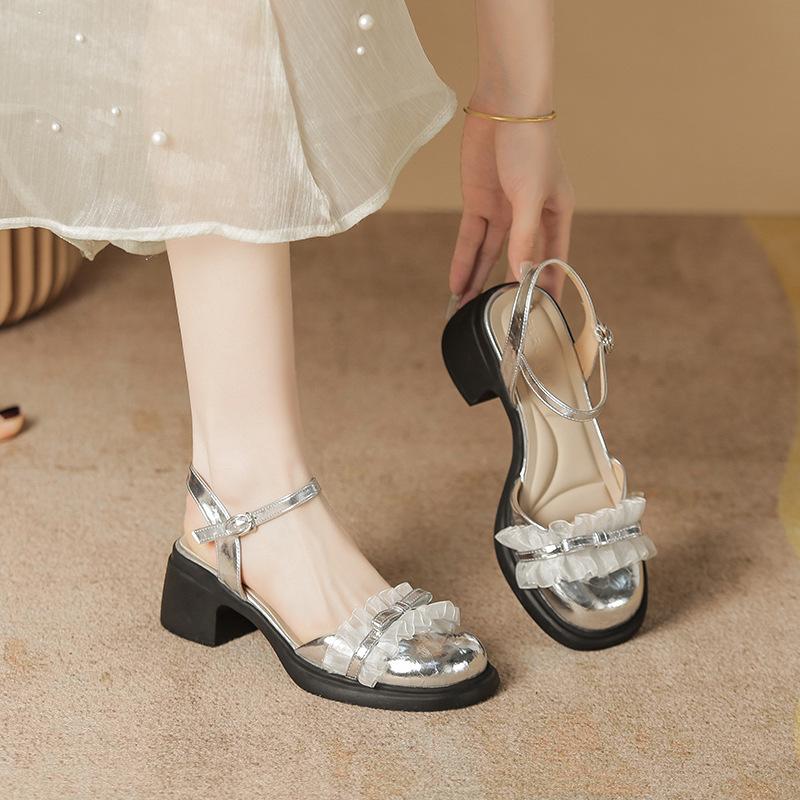 

Sandals women s new thick heel round head platform fairy satin summer bag head silver Mary Jane shoes 38