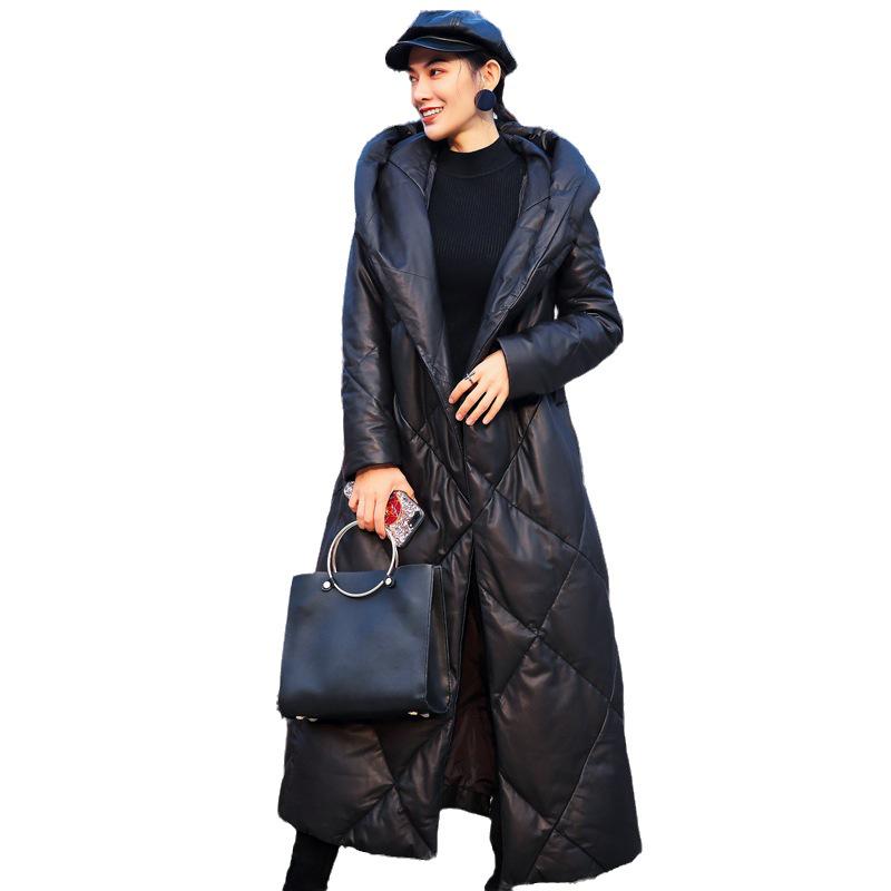 European & American 2025 Winter Sheepskin Leather Down Jacket: Women's Extra Long Thick Hooded Coat