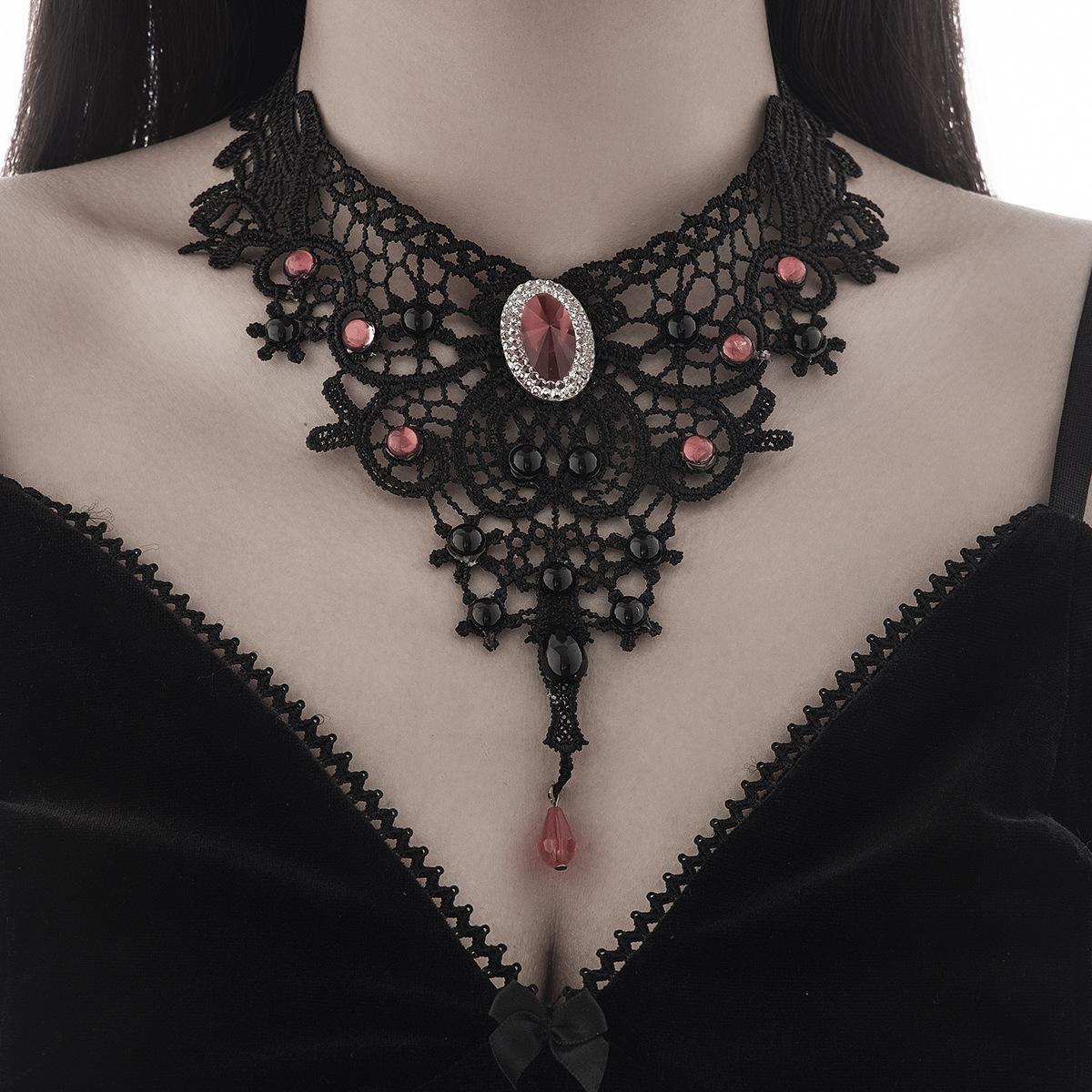 Vintage Gothic Lace Pearl Necklace, Dark Ruby Crystal Pendant Collar
