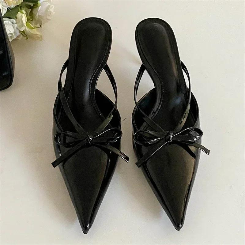 Fashion Elegant Thin High Heel Slide Sandals Women Fashion Butterfly-knot Pointed Toe Women Slippers Sexy Party Dress Shoes Luxury Heels