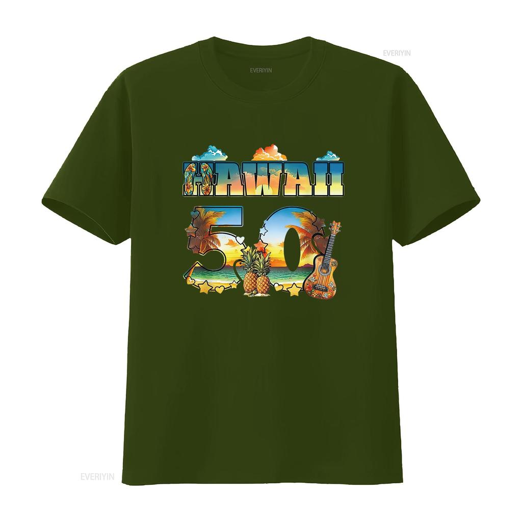 Hawaii 50. Bundesstaat Hawaiianischer Strand Hibiskus 50 Maui Damen Sommer T-Shirt Lässig und Bequem vintage gewaschen Atmungsaktiv