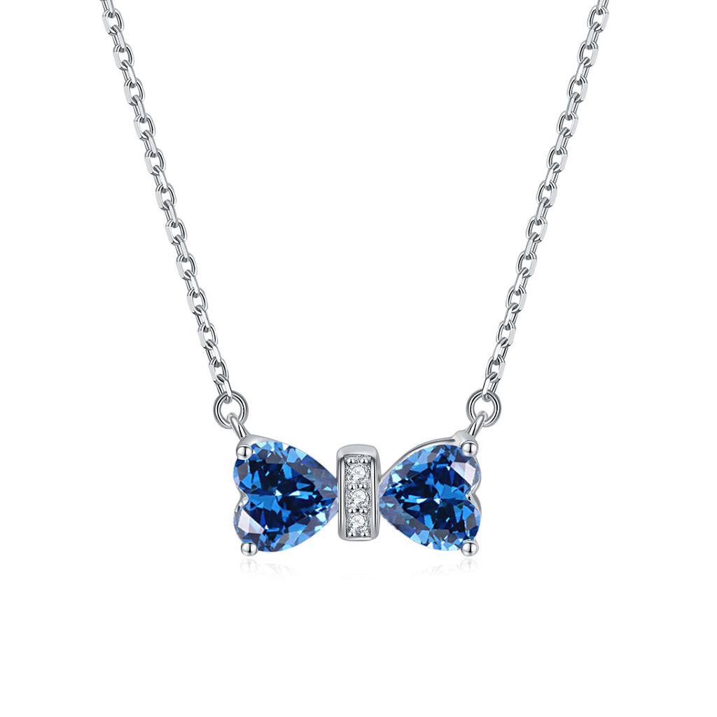 S925 Sterling Silver Necklace Cross-border Fashion Bow Pendant Female Heart-shaped Colored Treasure Necklace Simple Twelfth Birthday Stone