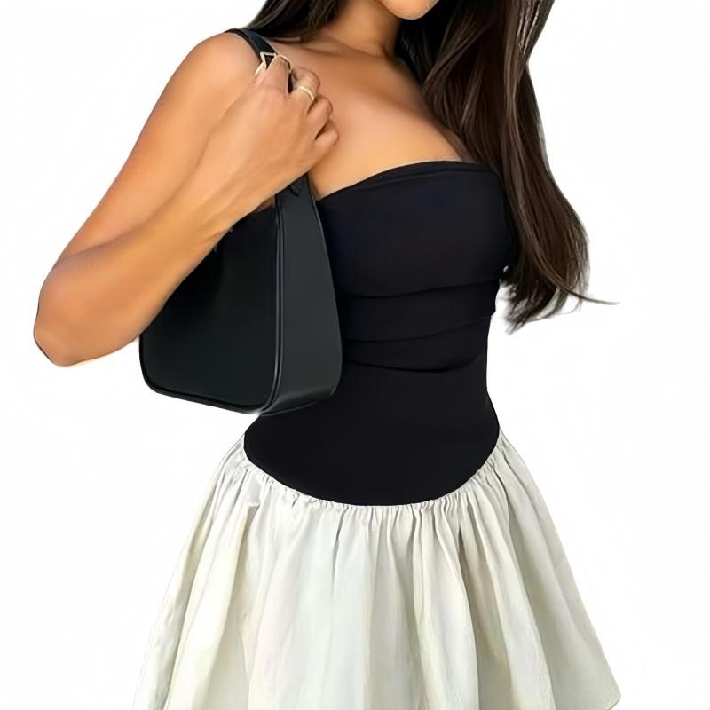 New Fashion Sleeveless Off Shoulder Pleated Dresses,Strapless One-pieces Pleated Dress,Casual Women's Tops and Skirts Set,Sexy Dress Clothing