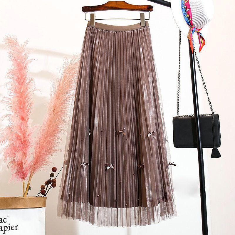Double-Sided Mesh Beaded Pleated A-Line Bowknot Skirt - Slimming Summer 2025 Style