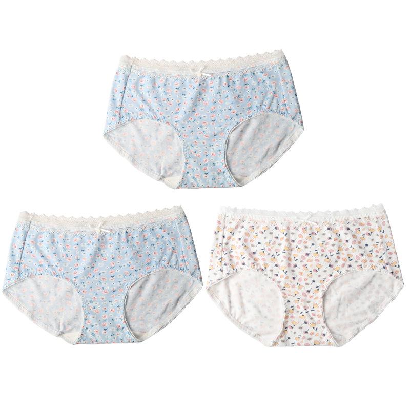 Spodní prádlo třídy A Vysoce elastické antibakteriální kalhotky se středním pasem pro ženy Květinové kalhotky s krajkovým potiskem Pohodlné prodyšné kalhotky
