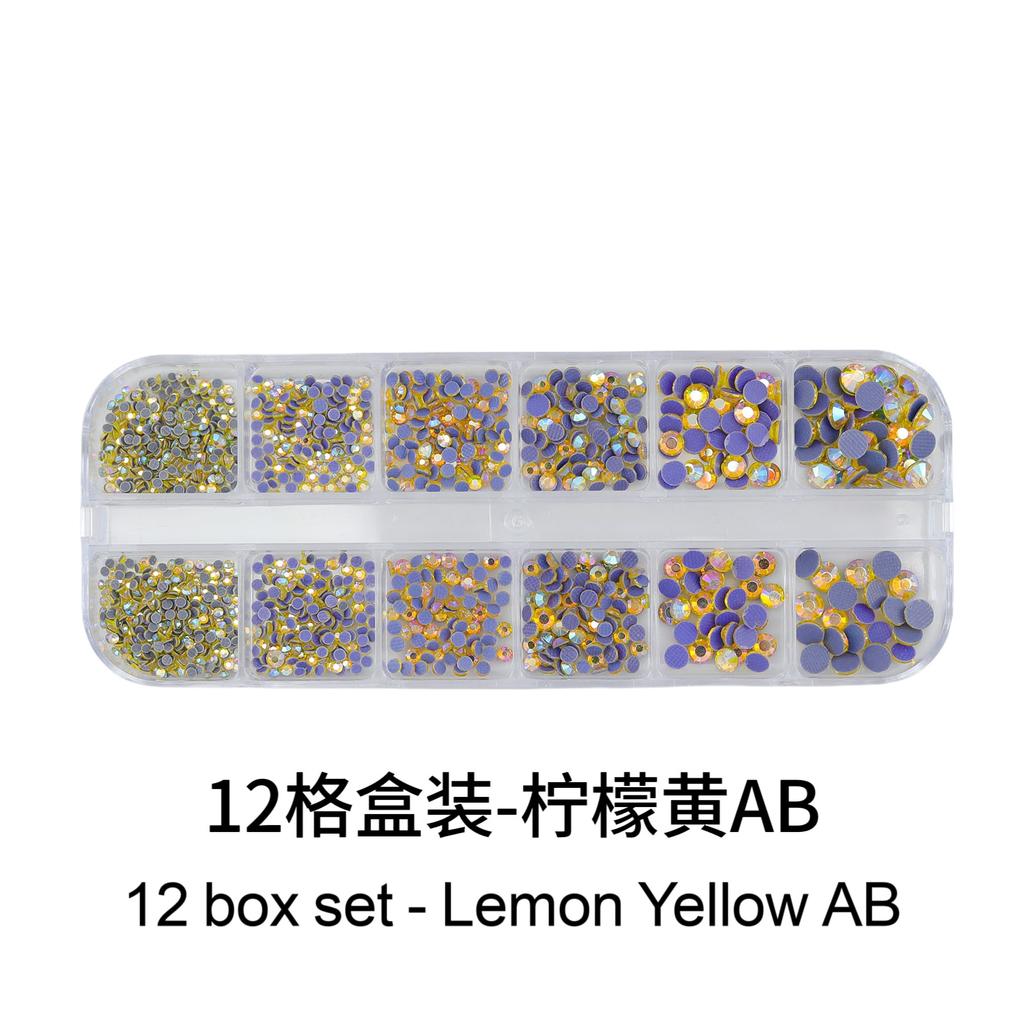 Mesh Bottom 12-Grid Boxed Nail Art Flat Bottom Rhinestone Jewelry Transparent Ab Colored Diamond Crystal Yellow Nail Sticker Diamond Jewelry