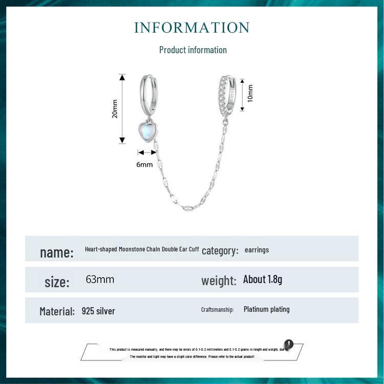 Avle Sterling Silver S925 Heart-Shaped Moonstone Chain Double Ear Cuff Earrings BSE809