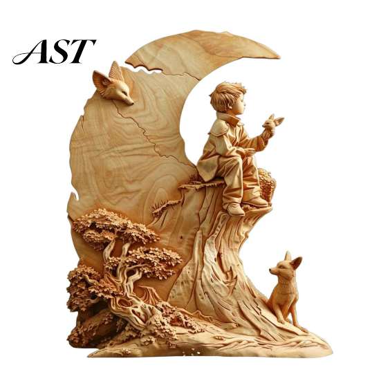 Fox Themed Sculptures Fairy Tale Little Boy and Wooden Figurine, Rustic Desktop Statue, Artistic Carved Wood Crafts Sculpture Ornament for Table Shelf