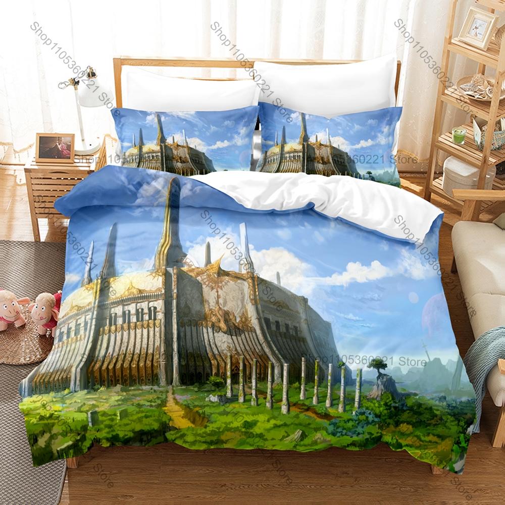 Cool Magic Fantasy Medieval Castle Ancient Tower Building HD Print Bedding Set Duvet Cover + 2 Pillowcases Fantasy Game Room Dec