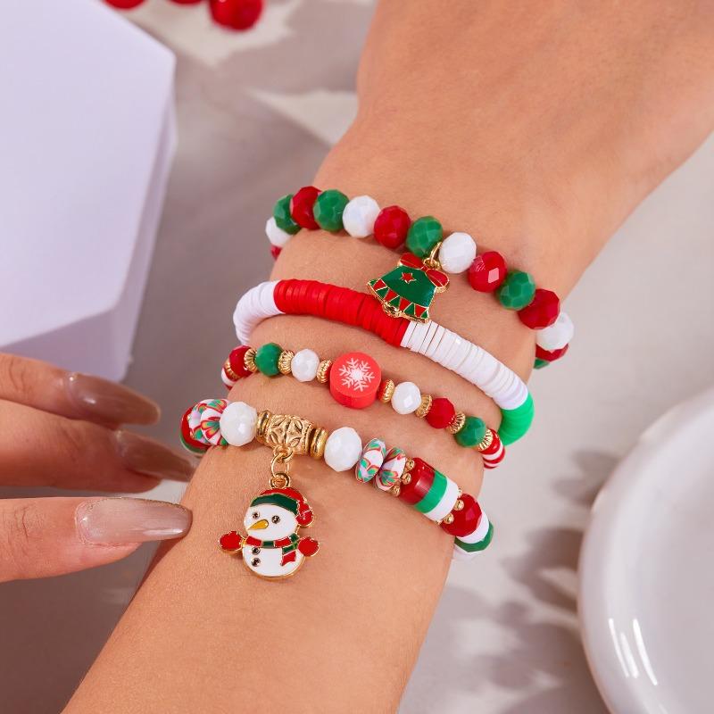 Christmas Day Color Acrylic Diamond Snowflake Bell Elastic Beaded Bracelet Christmas Set