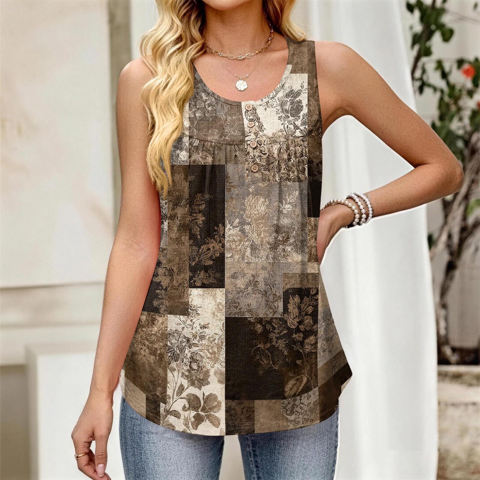 

Женский новый модный ретро цветочный полосатый текстурированный принт круглый вырез свободный повседневный жилет-топ без рукавов на пуговицах L