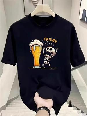 Friday Carnival! Beer On T-shirts and Skeleton In Agitation Breathable Graphic T Shirts Men T Shirt