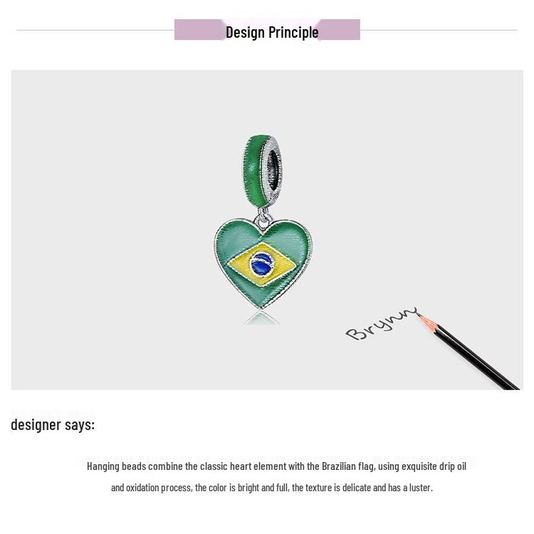 S925 Silver Brazilian Flag Heart Pendant with Green Enamel Drip
