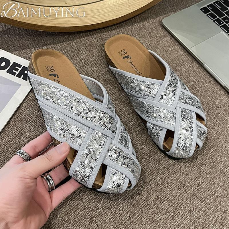 Fashion Bling Weave Mules Shoes Woman Casual Platform Slippers Women Flat Sandals Summer 2025 Trend Shallow Dress Comfort Slides Mujer