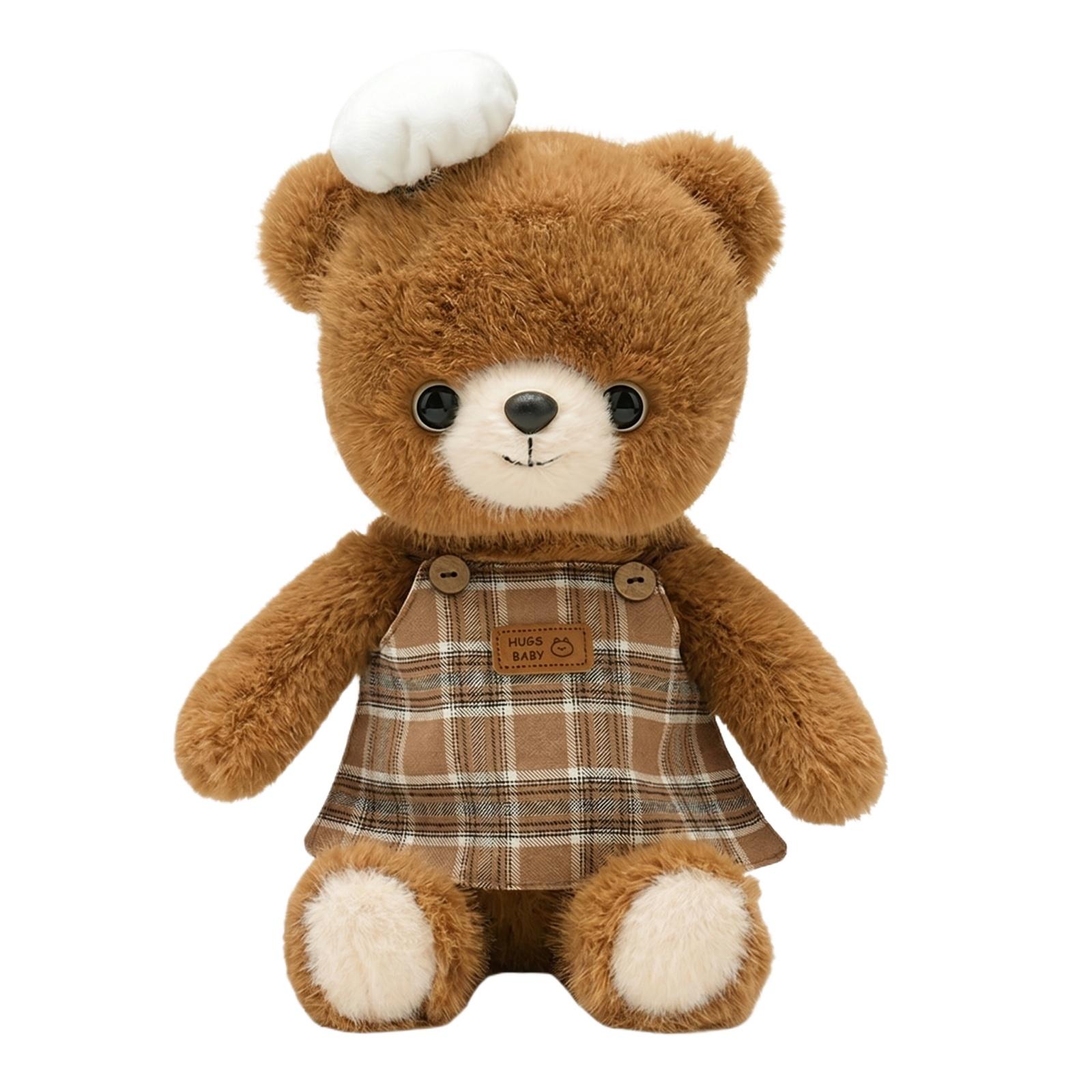 

Soft Plush Bear Doll Stuffed Animal Toy with Checkered Dress and Button Details Suitable for Kids and Collectors Gift One Size