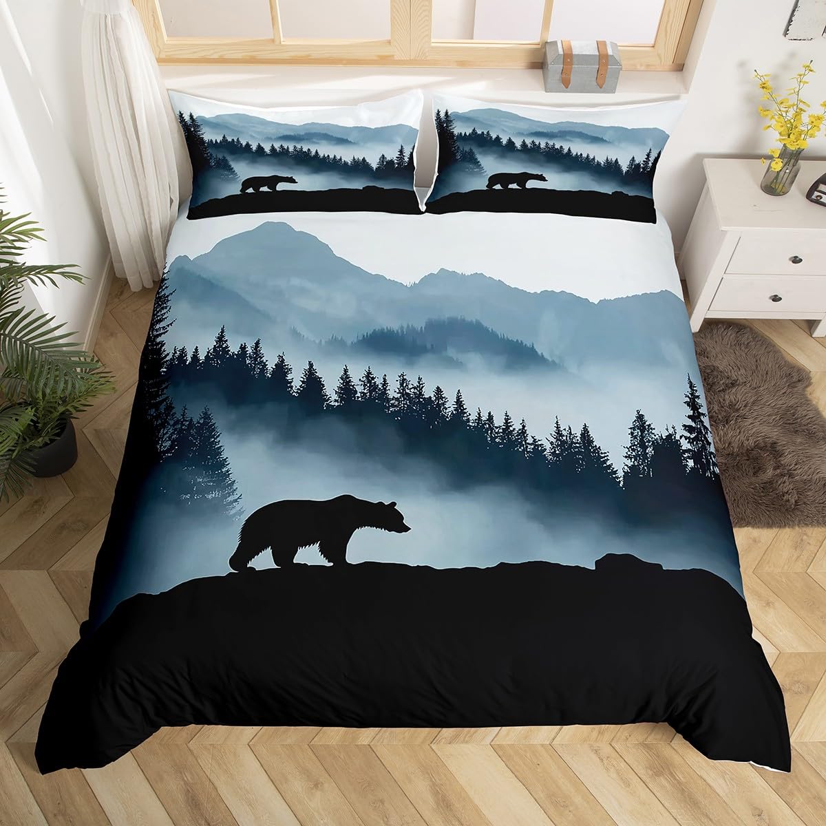 

Comforter Bear King Nature Smoky Mountain Bedding Set Black Gray Tree Comforter Polyester With 2 Pillow Case Comforter (quilt)-EU Single(135*200cm)3pcs
