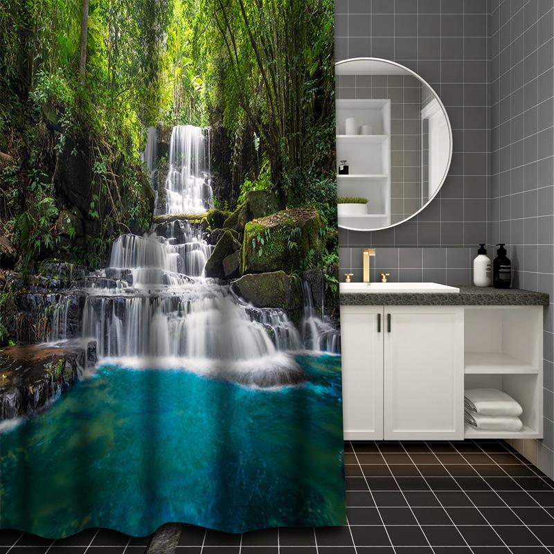 Beautiful Waterfall Bathing Curtain  Bathroom Shower Curtain Waterproof With 12 Hooks Home Deco Free Ship