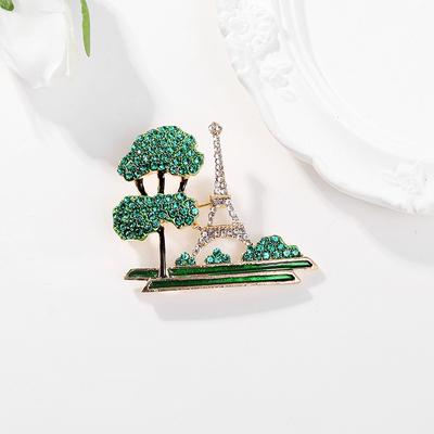 Creative Diamond Green Tree Tower Brooch Personalized Green Eiffel Tower Brooch Pin Clothing Accessories