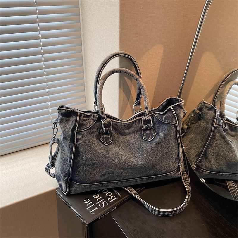 

Винтажная джинсовая сумка большой вместимости женская новая модная портативная сумка для поездок на работу повседневная наплечная сумка-тоут чёрный