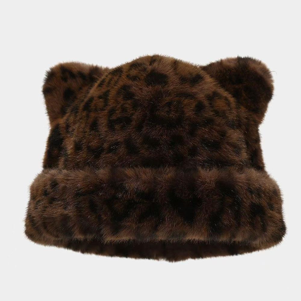 Winter Imitation Fur Hat Plush Bucket Hat Leopard Print Bear Ear Ruslan Baginsky Hat Thicken Woman Bonnet Ski Cap Fisherman Hats