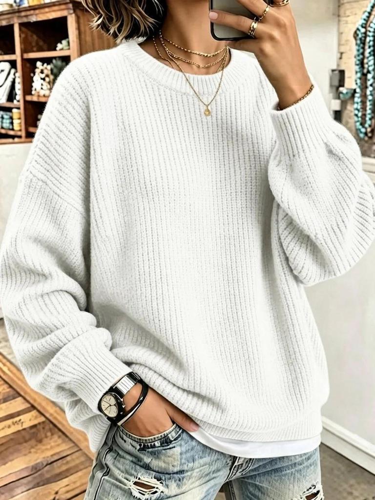 2026 European Autumn-Winter Ribbed Knit Round Neck Sweater - Loose, Comfortable Long Sleeve Pullover for Women