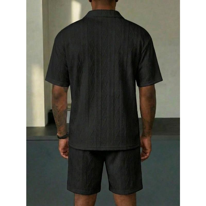 Men Cable Knit Texture 2 Piece Outfit Short Sleeve Polo Shirt And Casual Shorts Set