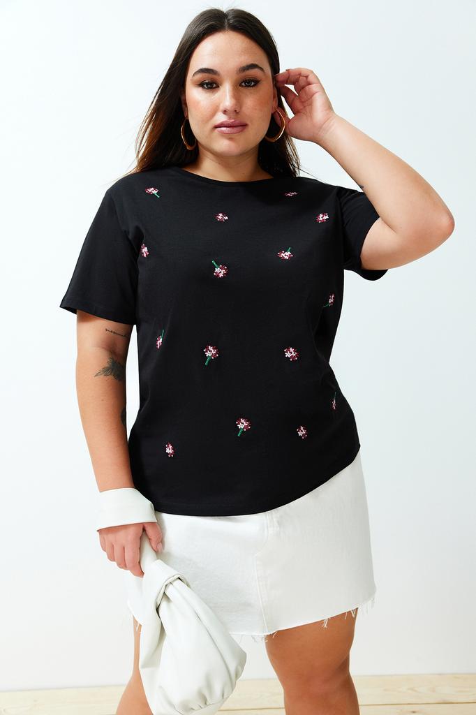 Women's Fashion Plus Size T-Shirt Crew Neck Short Orange Slit and Ruffle Detailed Boyfriend Knitted T-shirt