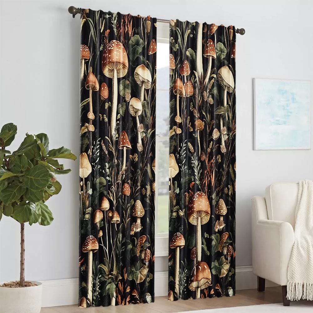 2 Pcs, Versatile Polyester Transparent Curtains for Home Decoration Boho Mushroom Pattern for Use In Bedrooms and Living Rooms