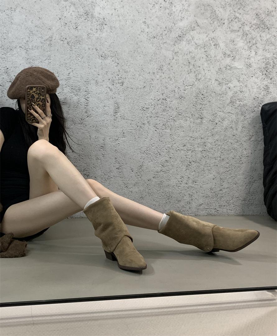 

Spot! Su Yinyin has the same shoes, Korean suede small gold buckle belt thick heel high boots, knight boots, women s autumn and winter 39 хаки