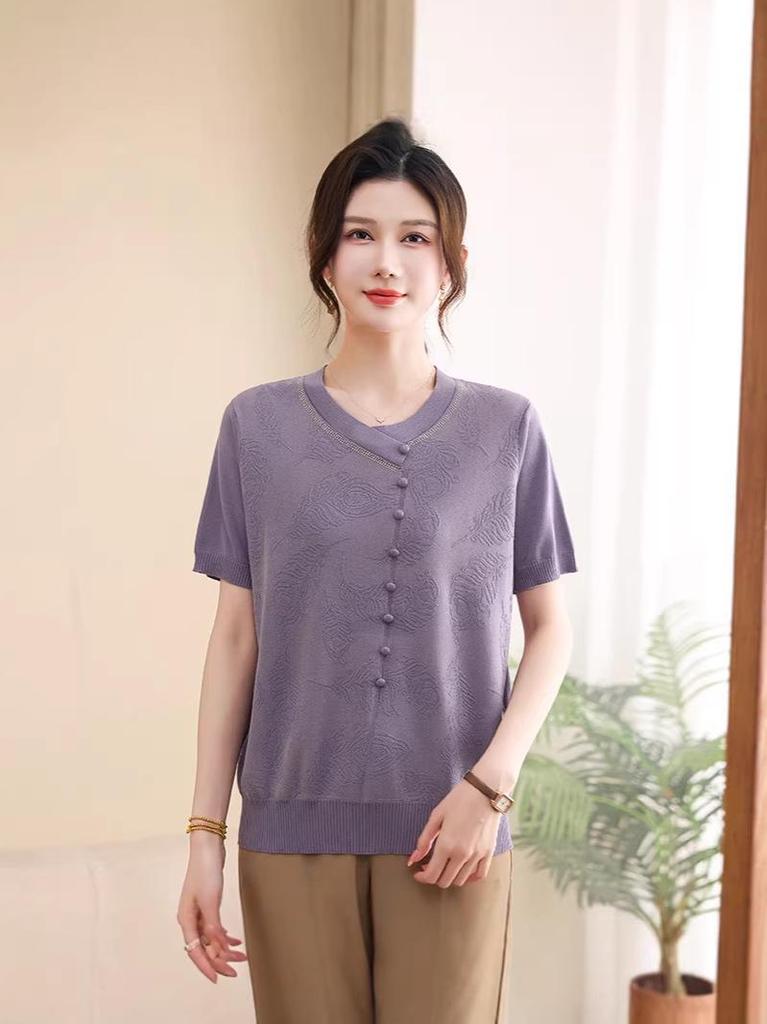 Ice Silk Short-Sleeve Women's T-Shirt: 2026 Fashionable, Elegant, Thin Knit, Summer Top for Middle-Aged Women.