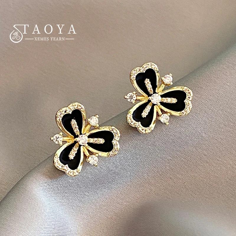 

2026 New Luxury Micro Set Zircon Black Camellia Flower Earrings for Womens Korean Fashion Jewelry Party Exquisite Accessories