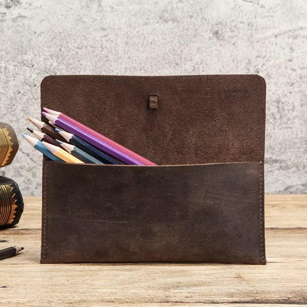 Cowhide Leather Pen Pouch Leather Pencil Storage Bag Retro Stationery Organizer  Office
