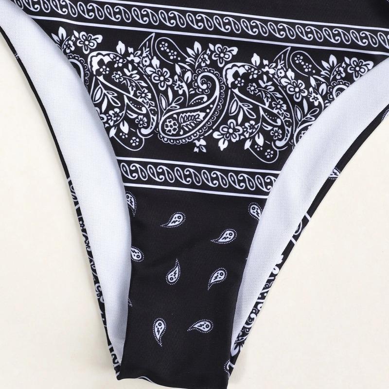 Women's Bandana Paisley Print High Waist Bikini Set, Halter Two Piece Swimsuit