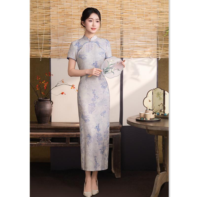 New Chinese-style young long Tencel hemp short-sleeved cheongsam 1011 summer new slim and thin new national style dress