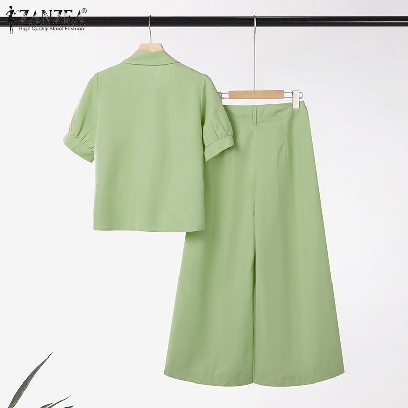 ZANZEA Women Casual Short Sleeve Blouse and Wide Leg Pants Casual Two Piece Suit Sets