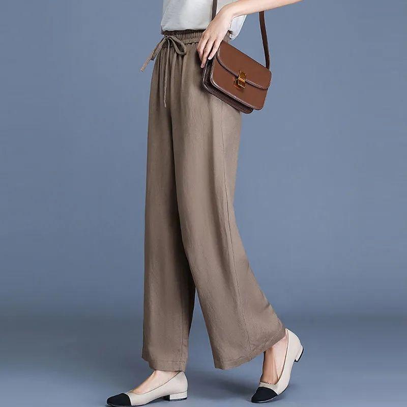 

Летние тонкие женские брюки из хлопка и льна с высокой посадкой, артистичные брюки с широкими штанинами, визуально стройнящие, свободные, дышащие, универсальные брюки прямого кроя 2XL хаки